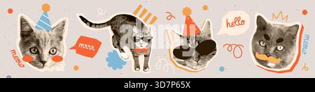 Trendige Halftone-Collage. Pop-Art-Aufkleber mit süßen, flauschigen Katzenporträts mit Hüten, Brillen und Schleifen. Realistische Tiere. Abstrakter Vektor Stock Vektor