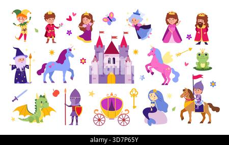 Märchenfiguren und -Objekte. Magische Ikonen oder Aufkleber mit Fantasy-Drachen, Einhörnern, Meerjungfrauen, Prinzessinnen, Königen und Schlössern. Flacher Vektor Stock Vektor
