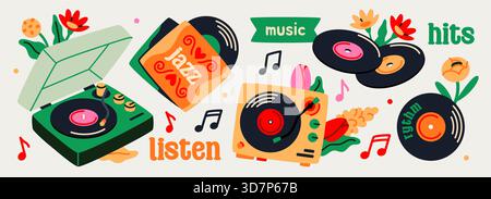 Tragbarer Plattenspieler mit Vinyl-LP-Scheibe. Set mit Stickern mit Vintage-Retro-Plattenspielern oder Gramophonen zum Hören von Musik von alten CDs. Flach Stock Vektor