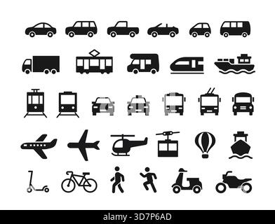 Fahrzeugsymbolgruppe. Einfache Symbole mit Autos, Bussen, Zügen, Schiffen, Flugzeugen, Hubschrauber, Fahrräder und Motorräder. Transportmittel. Flach Stock Vektor