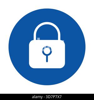 Dieses Bild zeigt ein einfaches weißes Vorhängeschloss-Symbol vor einem blauen kreisförmigen Hintergrund, das Sicherheit und Schutz in einem digitalen Kontext darstellt. Stock Vektor