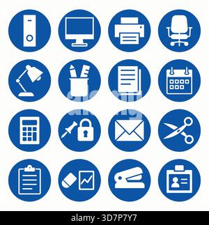 Eine lebendige Sammlung von Ikonen für Bürobedarf in einem runden blauen Design. Ideal für geschäftliche Projekte, die verschiedene Arbeitsabläufe veranschaulichen Stock Vektor
