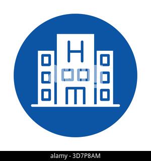Dieses minimalistische Symbol verfügt über ein Hotelgebäude vor einem leuchtend blauen Hintergrund. Ideal für Reisen, Gastfreundschaft und Unterbringung p Stock Vektor