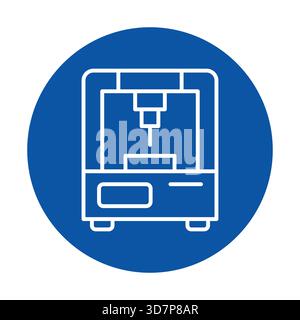 Diese minimalistische Illustration zeigt eine CNC-Maschine auf einem leuchtend blauen Hintergrund, die moderne Technologie im Fertigungs- und Konstruktionsprozess zeigt Stock Vektor