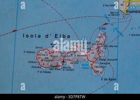 Die Insel Elba, Italien, auf einer Straßenkarte Stockfoto
