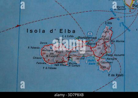 Die Insel Elba, Italien, auf einer Straßenkarte Stockfoto