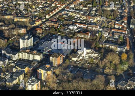 Luftaufnahme, Bezirksrat Bockum-Hoevel, Rathaus Bockum-Hoevel, REWE Bockum-Hoevel, Parkplatz, Hoevel, Hamm, Ruhrgebiet, Nordrhein-Westfalen Stockfoto