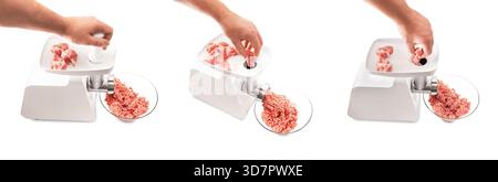 Händig rohes Fleisch in eine weiße elektrische Mahlmaschine geben, um Hackfleisch in einer Glasschale herzustellen, dargestellt in drei Schritten/Ansichten. Hochwertige Fotos Stockfoto