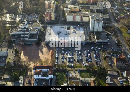 Luftaufnahme, Bezirksrat Bockum-Hoevel, Rathaus Bockum-Hoevel, REWE Bockum-Hoevel, Parkplatz, Hoevel, Hamm, Ruhrgebiet, Nordrhein-Westfalen Stockfoto