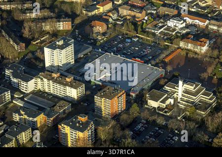 Luftaufnahme, Bezirksrat Bockum-Hoevel, Rathaus Bockum-Hoevel, REWE Bockum-Hoevel, Parkplatz, Hoevel, Hamm, Ruhrgebiet, Nordrhein-Westfalen Stockfoto