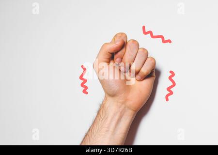 Die Hand eines jungen weißen kaukasischen Mannes, mit der Geste und den Fingern, auf weißem Hintergrund Stockfoto