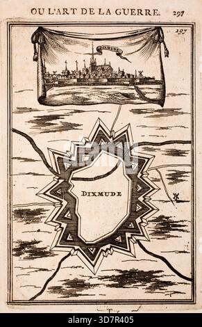 Gravur aus den Arbeiten des Mars oder der Kunst des Krieges von Alain Manesson Mallet (1630–1706) mit geometrischen Plänen zur Befestigung niederländischer Militärfestungen, Städte und Städte Stockfoto