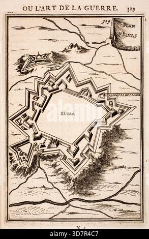 Gravur aus den Arbeiten des Mars oder der Kunst des Krieges von Alain Manesson Mallet (1630–1706) mit geometrischen Plänen zur Befestigung niederländischer Militärfestungen, Städte und Städte Stockfoto