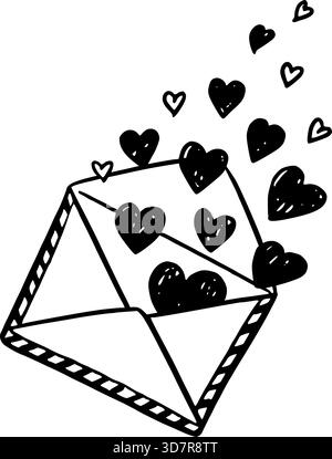 Offener Umschlag mit Herzen Vektor Illustration in Doodle Sketch Stil Hand gezeichnet Umriss in schwarz-weiß. Niedliches romantisches Symbol für valentinskarte. Perfekt für Hochzeitsdesign. Gut zum Begrüßen. Stock Vektor