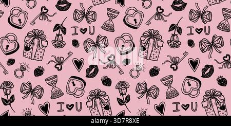 Nahtloses Valentinstag-Muster mit Coquette-Schleife und Rose im Doodle-Sketch-Stil. Schwarz auf rosa handgezeichneter Umriss mit süßen romantischen Elementen. Ideal für Hochzeitskarten-Hintergrund oder Tapetendruck. Stock Vektor