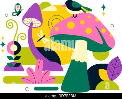 Pilze Vektor-Illustration mit verschiedenen Pilzen, Gras und Insekten in Einem flachen Stil Cartoon Hintergrund Stock Vektor