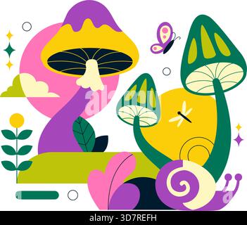 Pilze Vektor-Illustration mit verschiedenen Pilzen, Gras und Insekten in Einem flachen Stil Cartoon Hintergrund Stock Vektor