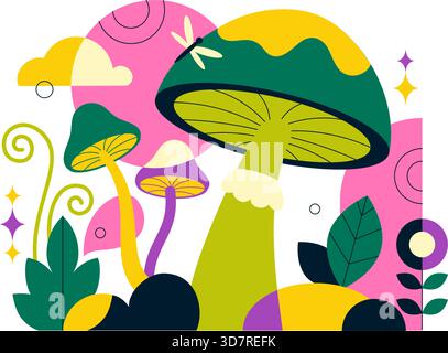 Pilze Vektor-Illustration mit verschiedenen Pilzen, Gras und Insekten in Einem flachen Stil Cartoon Hintergrund Stock Vektor