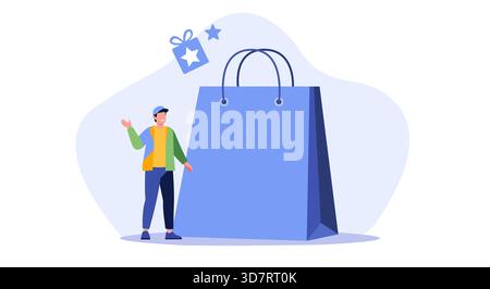 Eine moderne Vektorgrafik mit flachem Design, die Online- oder Offline-Shopping, Kundenbindung und Prämienprogramme darstellt. Stock Vektor
