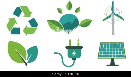 Ein umfassendes Set von Vektorsymbolen mit flachem Design, die umweltfreundliche Konzepte, erneuerbare Energien und ökologische Nachhaltigkeit repräsentieren. Stock Vektor