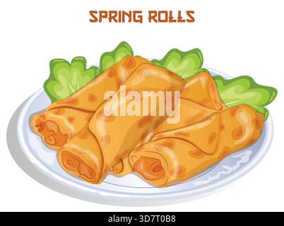 Frittierte Frühlingsrollen mit Gemüse, serviert auf einem weißen Teller mit frischem Salat. Traditionelle Chinesische Gebratene Dim Sum Wraps Street Food Illustration Stock Vektor