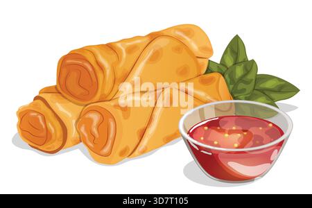 Frühlingsrollen mit goldgebratenem Gemüse mit frischem Basilikum und süßer Chili-Dipping-Sauce. Traditionelle Chinesische Dim Sum Street Snacks Stock Vektor