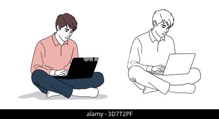 Junger Mann sitzt im Kreuz und benutzt einen Laptop in Farbe und Skizze Stock Vektor