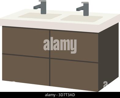 Ein moderner doppelter Schminkschrank mit zwei Waschbecken und passenden Armaturen in neutraler Ausführung. Stock Vektor