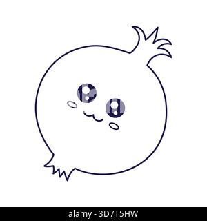 Süßer Kawaii Granatapfelcharakter. Vektor Hand gezeichnete Linie Kunst Kinder Illustration. Granatapfelfigur im Doodle-Stil. Malbuch für Kinder Stock Vektor