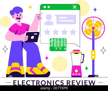 Vektor-Illustration der Elektroniküberprüfung mit Kundenbewertungen zur Servicequalität und Benutzerfeedback in einem flachen Cartoon-Hintergrund Stock Vektor