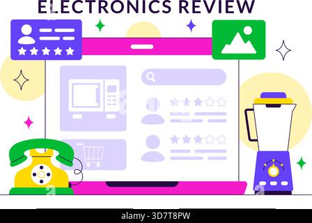 Vektor-Illustration der Elektroniküberprüfung mit Kundenbewertungen zur Servicequalität und Benutzerfeedback in einem flachen Cartoon-Hintergrund Stock Vektor
