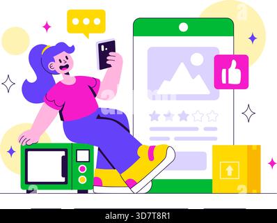 Vektor-Illustration der Elektroniküberprüfung mit Kundenbewertungen zur Servicequalität und Benutzerfeedback in einem flachen Cartoon-Hintergrund Stock Vektor