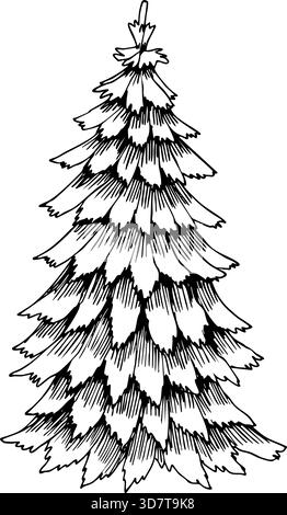 Detailgetreue handgezeichnete Weihnachtsbaumillustration im Vintage-Stilstil. Perfekt für Weihnachtsmotive, Grußkarten, Ausmalseiten, Einladungen Stock Vektor