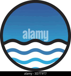 Blue Sea and Waves Circular icon Circular Water Graphic, minimalistisches Wellendesign, nautisches Logo, Reisesymbol, klares Wasser, Sommer Strand Grafik, sauber Stock Vektor