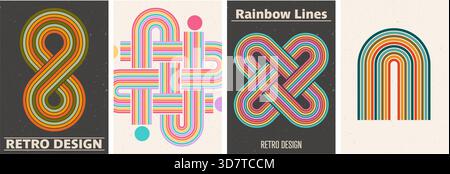 Gestreifte Poster im Retro-Design. Abstrakte Kunst aus den 70er Jahren, groovige Regenbogenlinien. Set aus farbenfrohen Hintergründen mit geometrischen Formen Stock Vektor