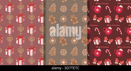 Set aus drei vertikalen Geschenkboxen mit Weihnachtsmotiven und Herzkeksen auf Kastanienbraun, Lebkuchenkeksen auf Braun und Tassen, Fäustlingen und Zuckerstangen Stock Vektor