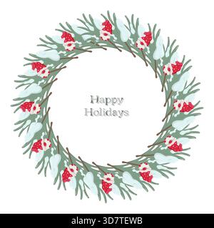 Weihnachtskranz Illustration mit grünen Kiefernzweigen, schneebedeckten Blättern und rothuttigen Gnomen. Frohe Feiertage im Zentrum Stock Vektor