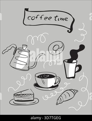 Poster für ein Café mit flachem Design. Eine Tasse Cappuccino, ein Croissant und ein Kuchen auf grauem Hintergrund. Stock Vektor