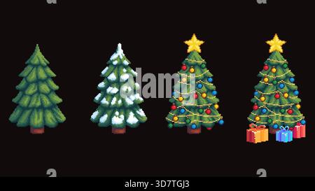Pixelart Weihnachtsbaum mit Weihnachts- und Wintervarianten Stock Vektor