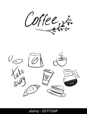 Poster für ein Café mit grafischen Kritzelzeichnungen. Zum Mitnehmen, Croissant, Kaffeebohnen, Cappuccino. Stock Vektor