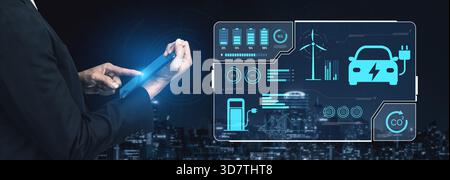 Ladekonsole für Elektrofahrzeuge mit Batteriestatus, Energieverbrauch, Integration erneuerbarer Energien und CO2-Wirkungsverfolgung zur Unterstützung sauberer Energie Stockfoto