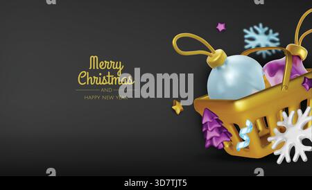 Weihnachtsangebot und Neujahr. Rotes helles realistisches 3D-Urlaubsobjekt-Design, Einkaufstasche, Geschenkbox. Werbeaktion, Werbebanner, Webposter. Vektor Stock Vektor