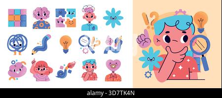 Ein vollständiges Layout mit bunten Charakteren Symbolen Glühlampe Lupe Puzzleteile Herzen und abstrakte Formen auf weißem Hintergrund flache Zeichentrickfilm Stock Vektor
