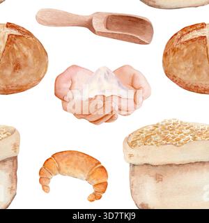 Mit Mehl bestückte Hände, rundes Brot, Körner in Mehlsack. Nahtloses Aquarellmuster auf weiß. Ideal für Backwaren, Küchentextilien und Speisekarten Stockfoto