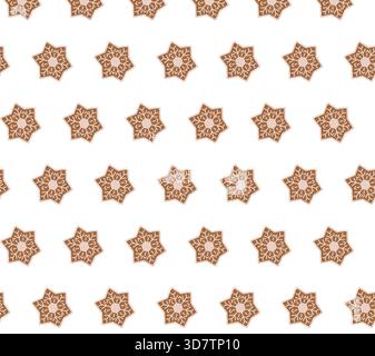 Nahtloses Muster sternförmiger Kekse mit weißer Glasur auf weißem Hintergrund. Festliches und symmetrisches Design ideal für Urlaubsverpackungen und Textilien Stock Vektor