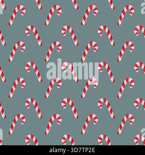 Nahtloses Muster mit roten und weißen Zuckerstangen auf grauem Hintergrund. Weihnachtliche Textur für Geschenkpapier und Weihnachtsdekorationen Stock Vektor