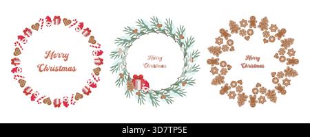 Set mit drei Weihnachtskränzen mit Text für frohe Weihnachten. Jeder Kranz ist mit festlichen Elementen, Süßigkeiten, Geschenken und Tannenzweigen ausgestattet Stock Vektor