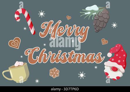 Weihnachtsvektor-Illustration mit froher Weihnachtsbeschriftung, Zuckerrohr, Weihnachtsmann Hut, Tasse Kakao, Lebkuchenkekse, Tannenzapfen und Schneeflocken Stock Vektor