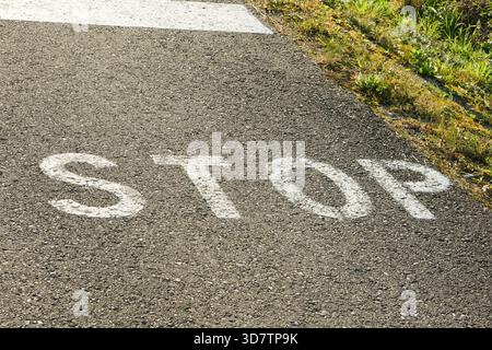 Der TEXTSTOPP ist in weißer Farbe auf dem Asphalt in der Nähe der Bordsteinkante geschrieben Stockfoto