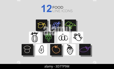 Set mit 12 farbenfrohen Ikonen für Lebensmittel, einschließlich Obst und Gemüse, Zitrone, Trauben, Brokkoli, Ananas, Knoblauch, ginger und mehr Stock Vektor